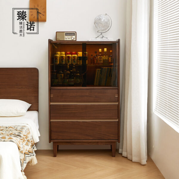 North America imported black walnut full solid wood chest cabinet side cabinet glass small apartment metropolitan wall drawer storage cabinet