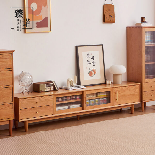 Cherry wood solid wood TV cabinet Nordic wood color small apartment Japanese oak modern simple storage living room floor cabinet