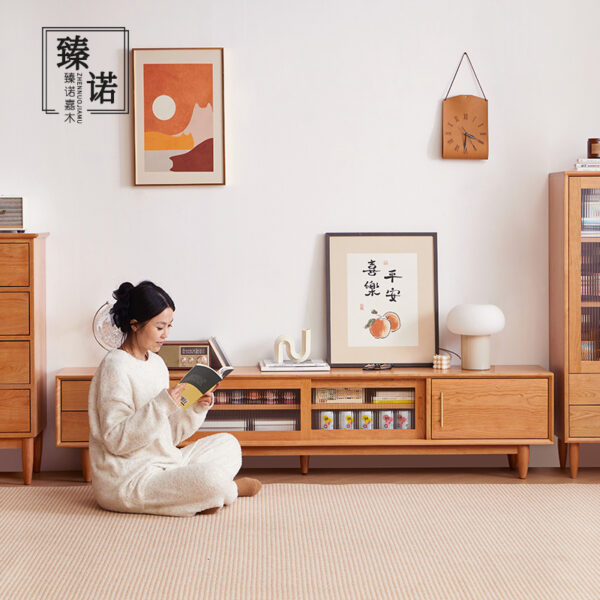 Cherry wood solid wood TV cabinet Nordic wood color small apartment Japanese oak modern simple storage living room floor cabinet