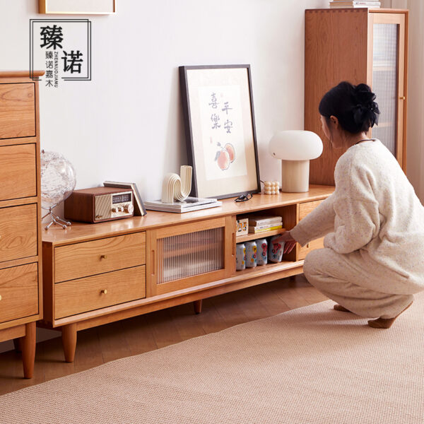 Cherry wood solid wood TV cabinet Nordic wood color small apartment Japanese oak modern simple storage living room floor cabinet