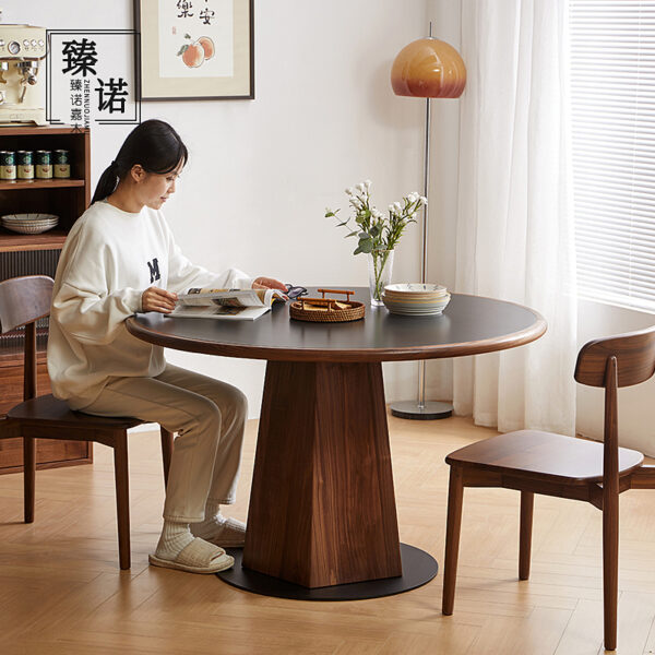 Walnut Dining Table-Round Dining Table-03 North American black walnut stone plate dining table full solid wood Nordic round household retro small apartment Japanese dining table