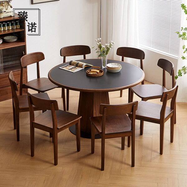 Walnut Dining Table-Round Dining Table-04 North American black walnut stone plate dining table full solid wood Nordic round household retro small apartment Japanese dining table