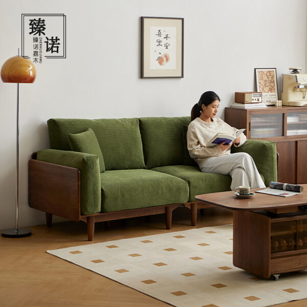 North American black walnut full solid wood sofa Nordic home living room three-person detachable and washable simple fabric sofa