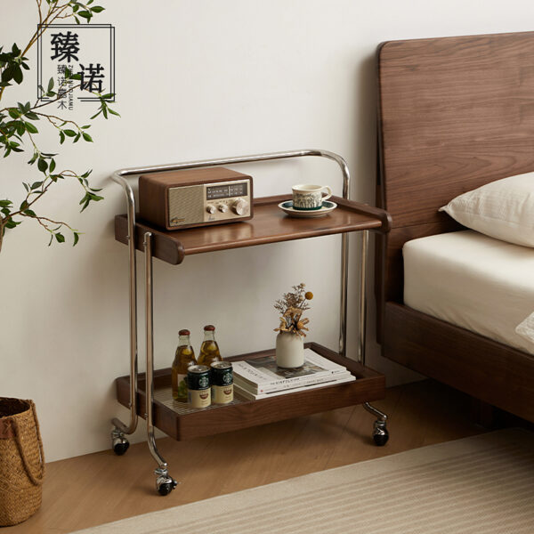 North America imported black walnut full solid wood sofa side table mobile wheeled cart living room balcony leisure tea table