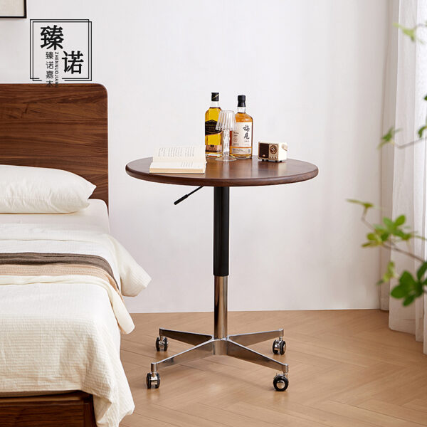 North American black walnut lifting round table with wheels mobile coffee table Nordic full solid wood living room round sofa side