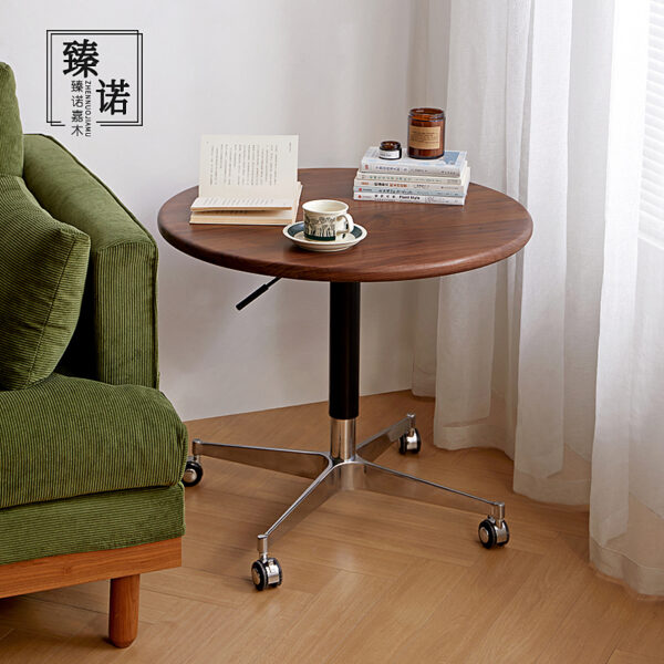 North American black walnut lifting round table with wheels mobile coffee table Nordic full solid wood living room round sofa side