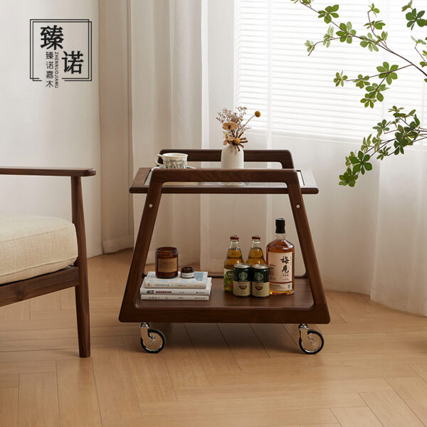 North America imported black walnut full solid wood movable trolley sofa side several living room bedroom bedside storage rack