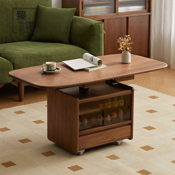All solid wood imported from North America black walnut wood coffee table foldable lift mobile sofa edge table with storage cabinet