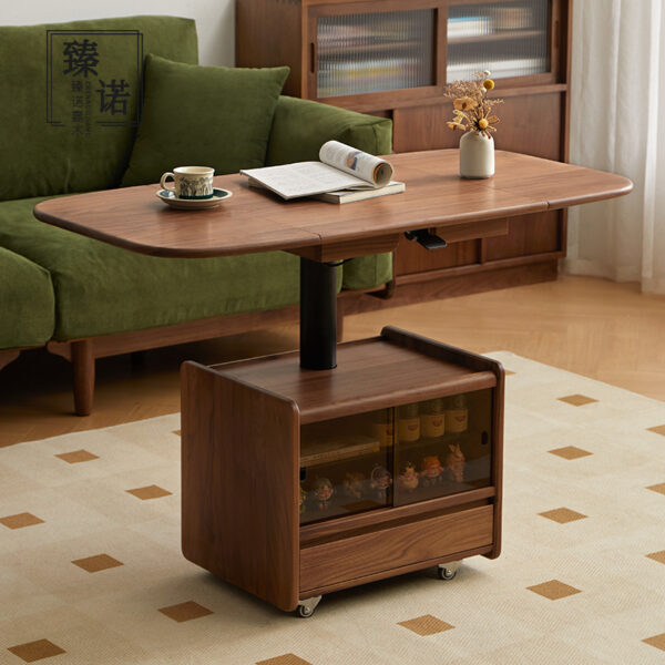 All solid wood imported from North America black walnut wood coffee table foldable lift mobile sofa edge table with storage cabinet