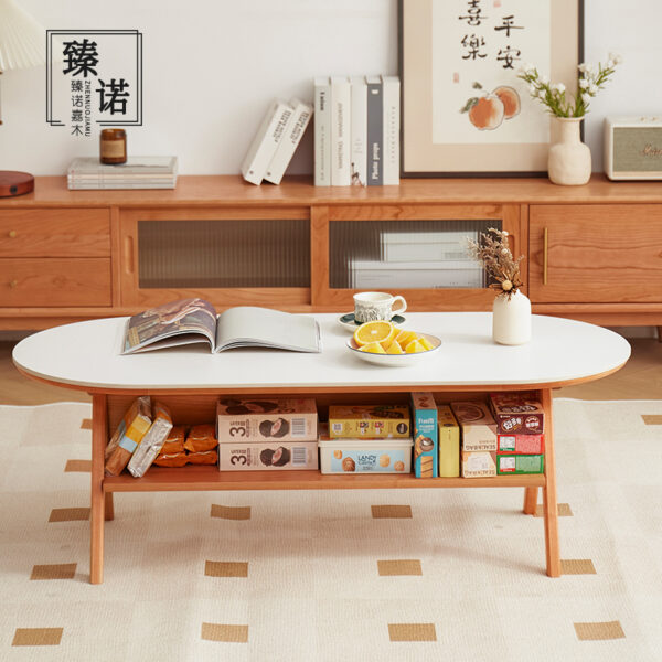 Full cherry wood rock-board tea table oval Nordic simple household small apartment Japanese living room tea table