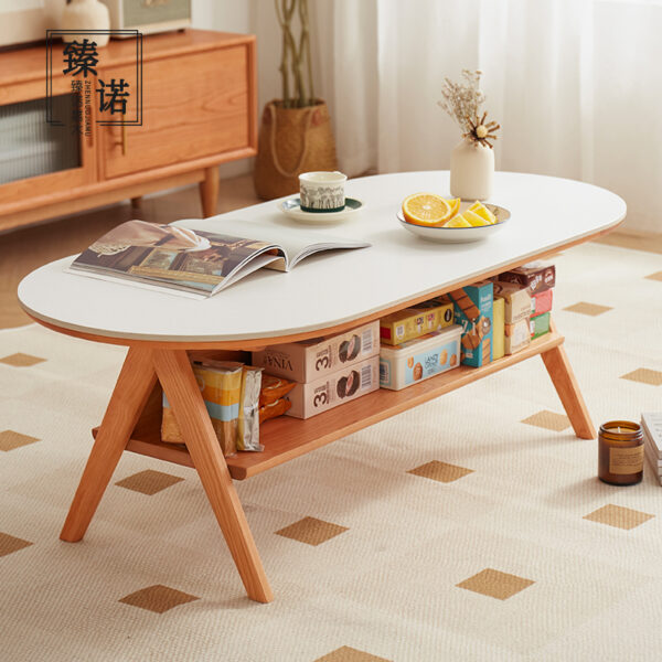 Full cherry wood rock-board tea table oval Nordic simple household small apartment Japanese living room tea table