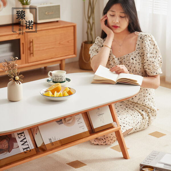 Full cherry wood rock-board tea table oval Nordic simple household small apartment Japanese living room tea table