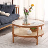 Nordic cherry wood solid wood round coffee table combination Japanese simple rattan small low table long rainbow glass round coffee table