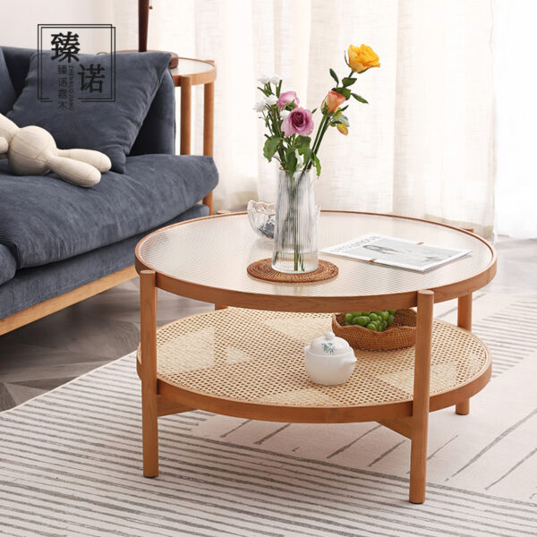 Nordic cherry wood solid wood round coffee table combination Japanese simple rattan small low table long rainbow glass round coffee table