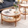 Nordic cherry wood solid wood round coffee table combination Japanese simple rattan small low table long rainbow glass round coffee table