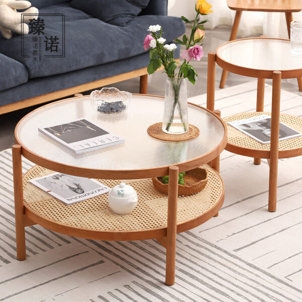 Nordic cherry wood solid wood round coffee table combination Japanese simple rattan small low table long rainbow glass round coffee table