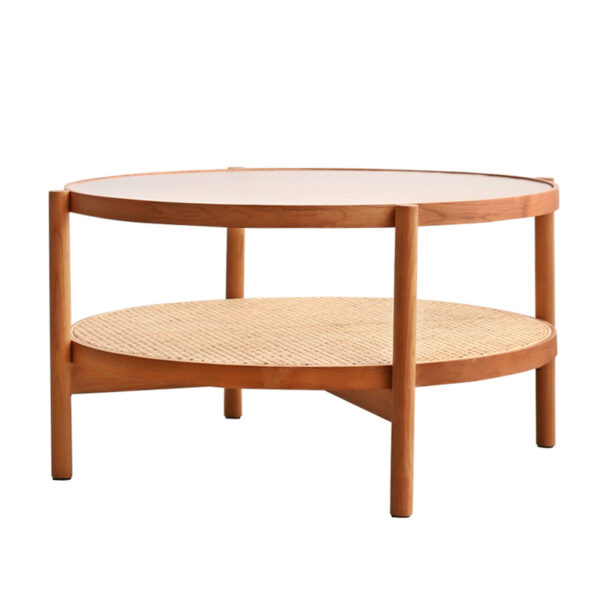 Nordic cherry wood solid wood round coffee table combination Japanese simple rattan small low table long rainbow glass round coffee table