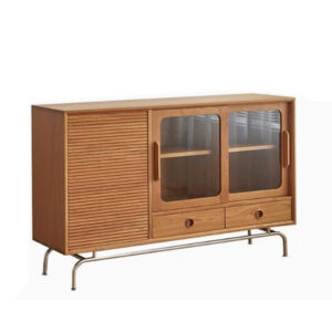 Zhennuo Nordic cherry wood full solid wood side cabinet modern simple stainless steel leg glass log storage cabinet